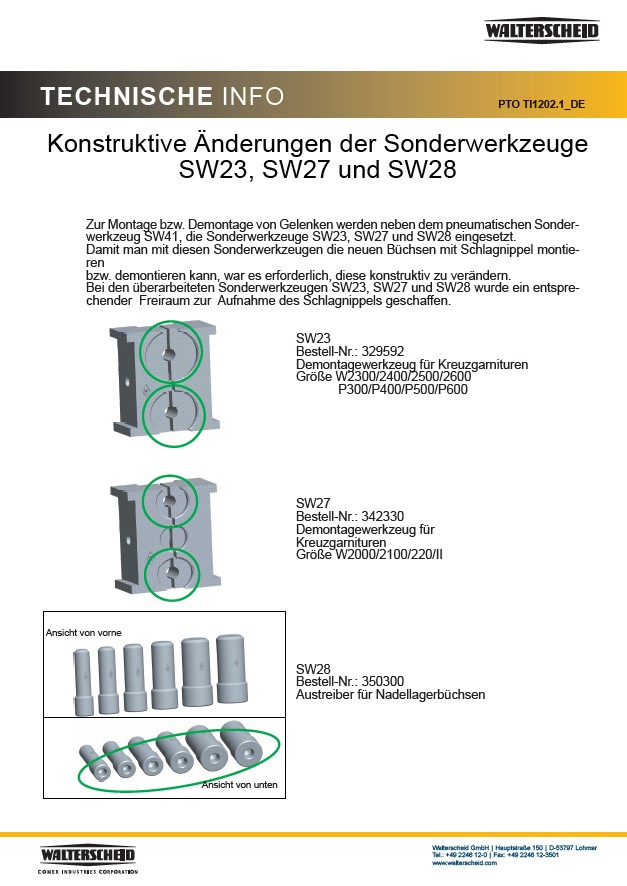 Konstruktive Änderungen der Sonderwerkzeuge SW23, SW27 und SW28